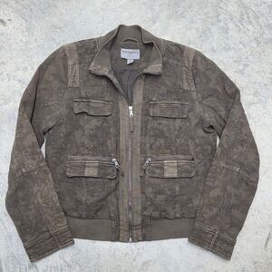 MARRAKECH Anthropologie Textured Bomber Jacket Large Olive Green Utility Pockets